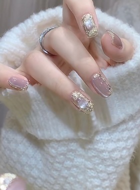 紫色晶石猫眼法式玻璃珠高级布契拉提新款显白手工穿戴甲成品美甲