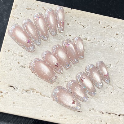 【莫奈花园】布契拉提粉色蝴蝶猫眼美甲穿戴甲手工光疗指甲贴片