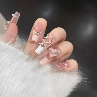 纯手工穿戴甲中长款小熊腮红法式定制粉色高品质蝴蝶结美甲贴片