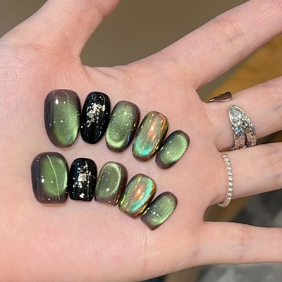 【橄榄石】玻璃珠猫眼极光粉纯手工穿戴甲短款秋冬美美拉德色系