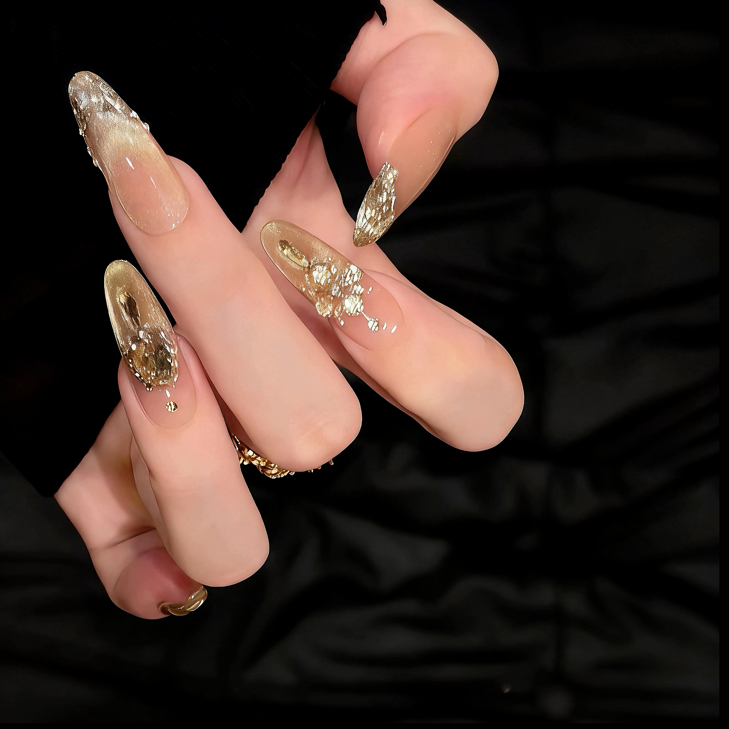 【鎏金岁月】香槟锆石爆闪轻奢猫眼法式纯手工穿戴甲中长款高级感