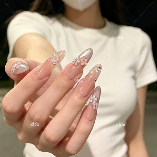 法式闪钻猫眼白立体小花手工定制穿戴甲中长温柔显白美甲2026新款