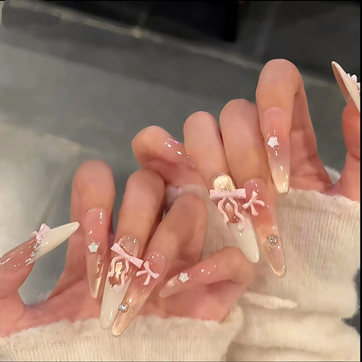 【甜梦爱丽丝】少女法式蝴蝶结鎏金猫眼星星轻奢手工穿戴甲中长款