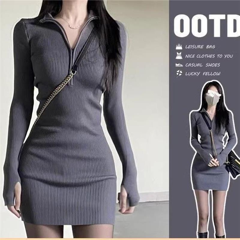 秋冬韩系保暖舒肤绒纯欲连衣裙子女御姐长袖女装包臀紧身短裙