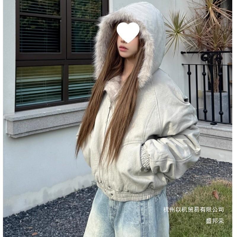 厂家直销加厚连帽毛领棉服女美式街头秋冬季感毛茸茸派克服棉