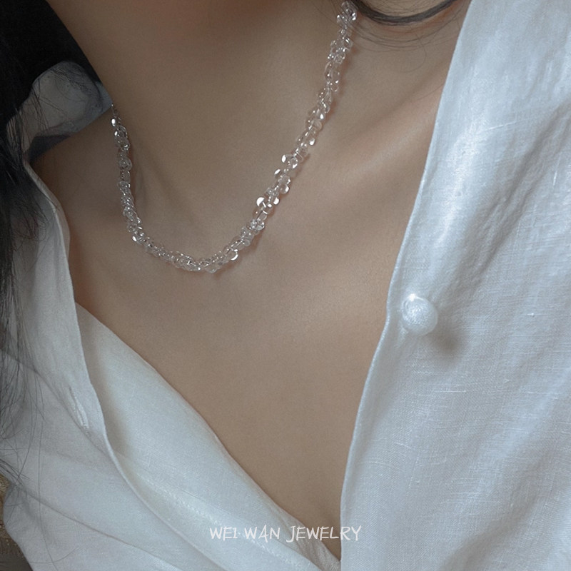 冰透天然白水晶项链不规则随型碎石水晶925银锁骨链