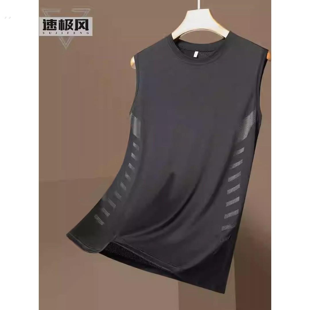 夏季男士运动冰丝背心健身透气大码打底衫宽肩无袖t恤坎肩速干潮