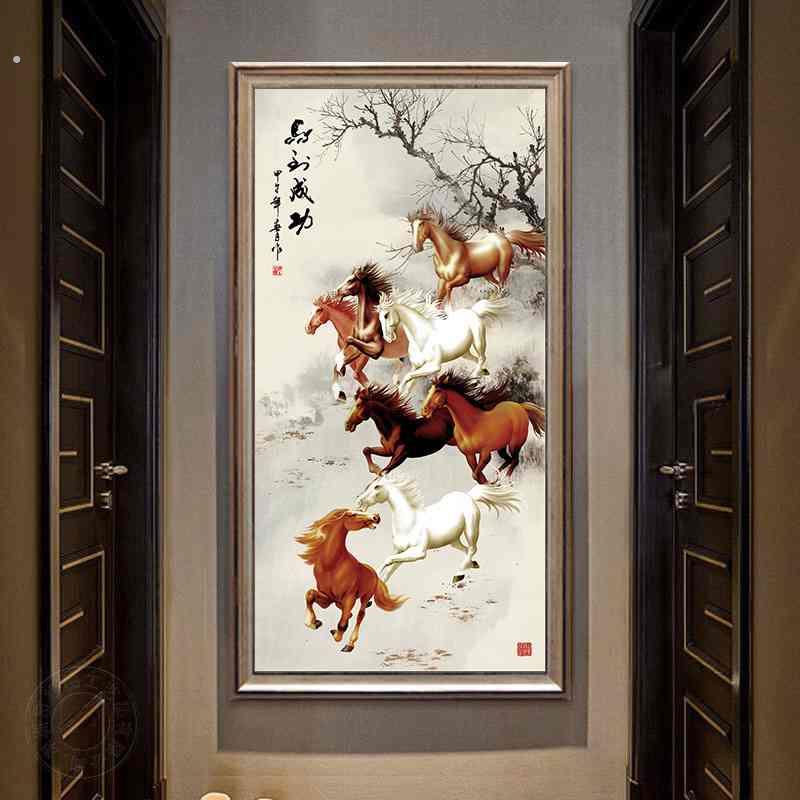2023新款点钻石画玄关竖版马到成功八骏图满钻粘钻贴钻线绣十字绣