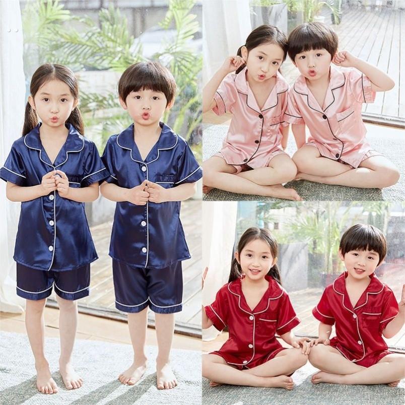 女童睡衣春秋装冰丝绸中大童男童家居服套装仿真丝儿童睡衣亲子装