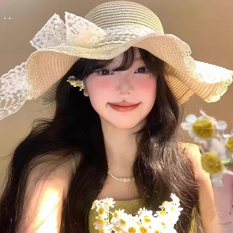 法式蕾丝蝴蝶结草帽女夏海边沙滩波浪边大帽檐太阳帽遮阳防晒帽子