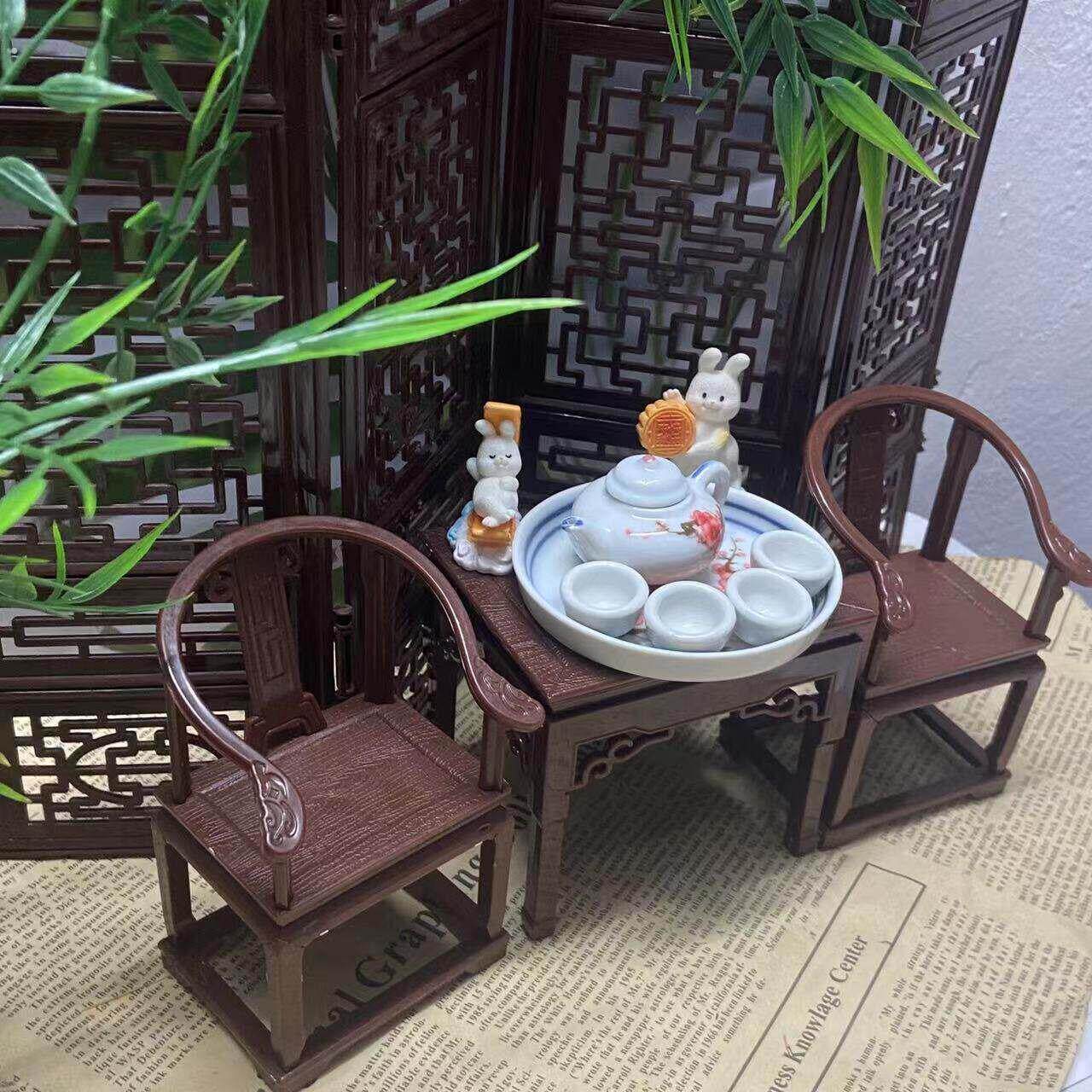 微缩迷你小家俱全套古风拍照摆件模型小圈椅官桌子屏风复古