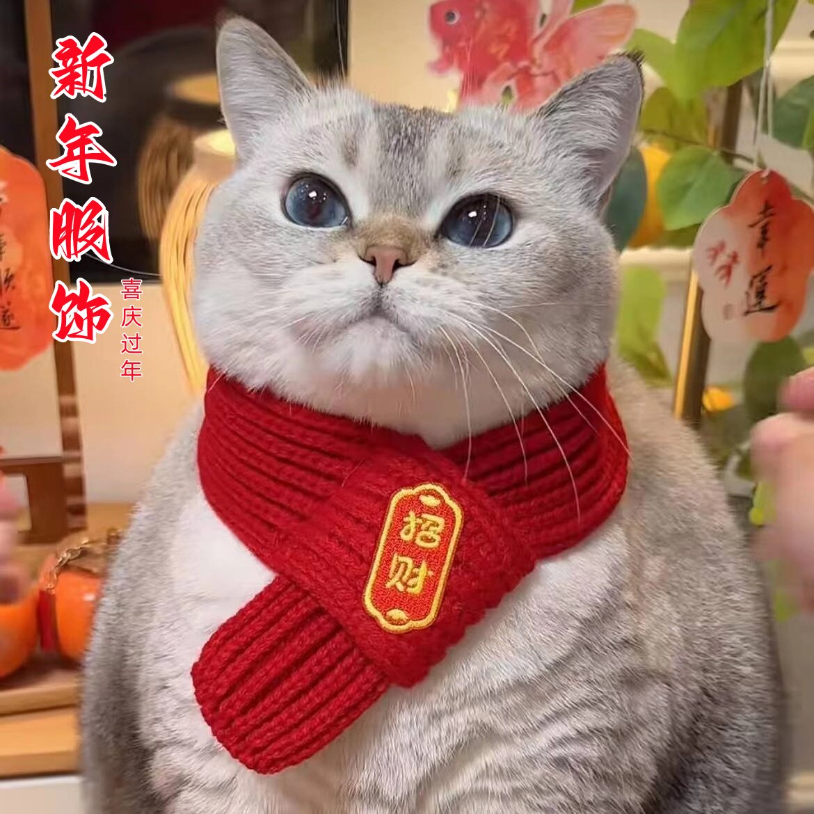 猫咪新年围巾宠物围脖红色保暖中国风口水巾围兜狗狗新年装饰品