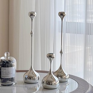 轻奢金属水滴银色蜡烛台装 饰样板房家居客厅桌面餐厅工艺创意摆件