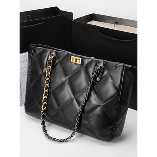 欧洲站AN&LV专柜小香风羊皮大容量女单肩包真皮包菱格链条托特包