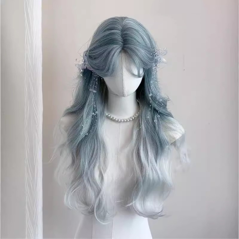 同秀假發(fā)女冰藍(lán)色漸變長發(fā)lolita自然仿真羊毛卷長卷發(fā)cos全頭套