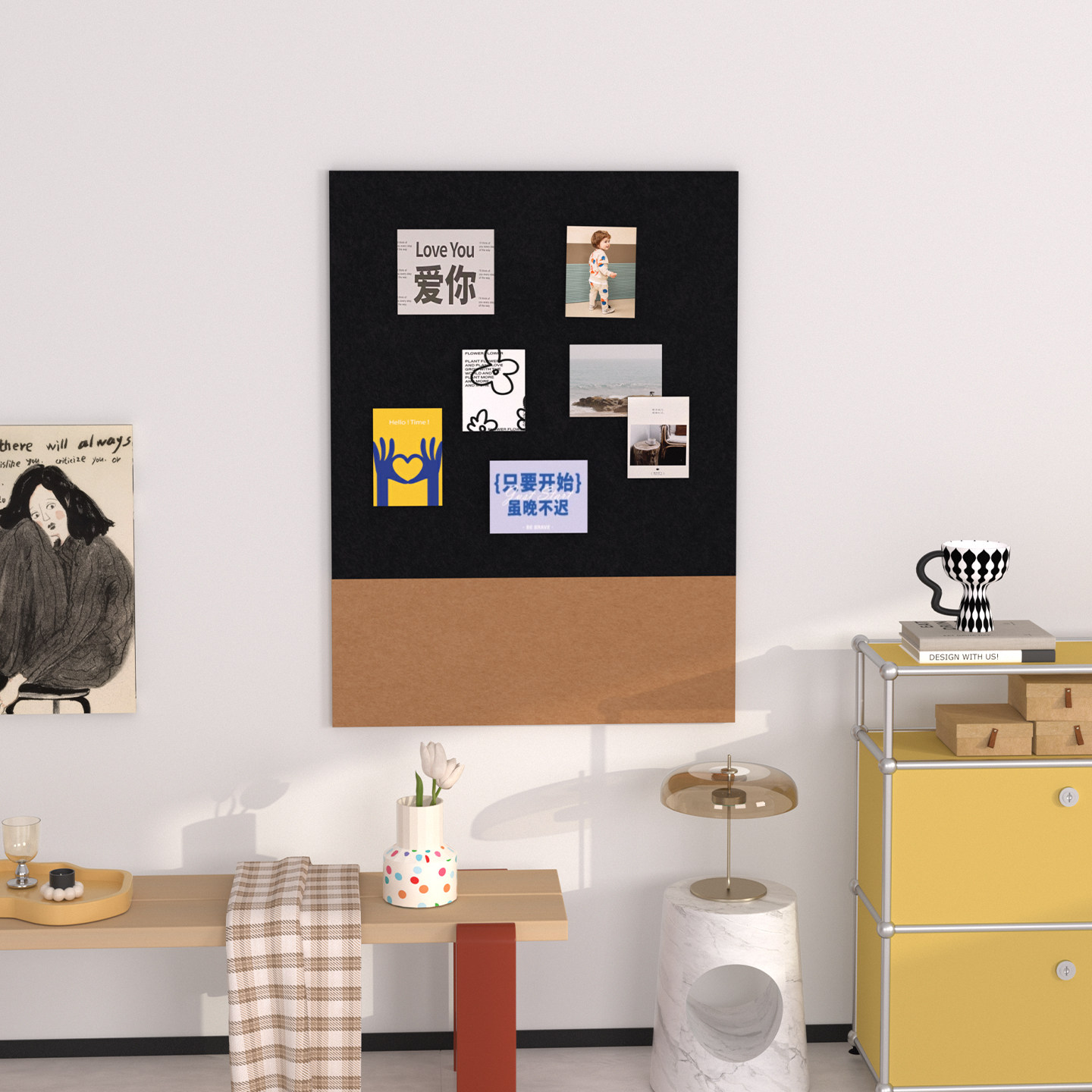 中古风毛毡板照片墙沙发背景墙装饰贴画玄关留言板不伤墙免打孔展示板