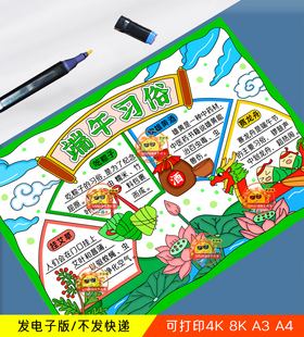 端午习俗手抄报模板电子版小学生中国传统节日习俗文化介绍小报8k
