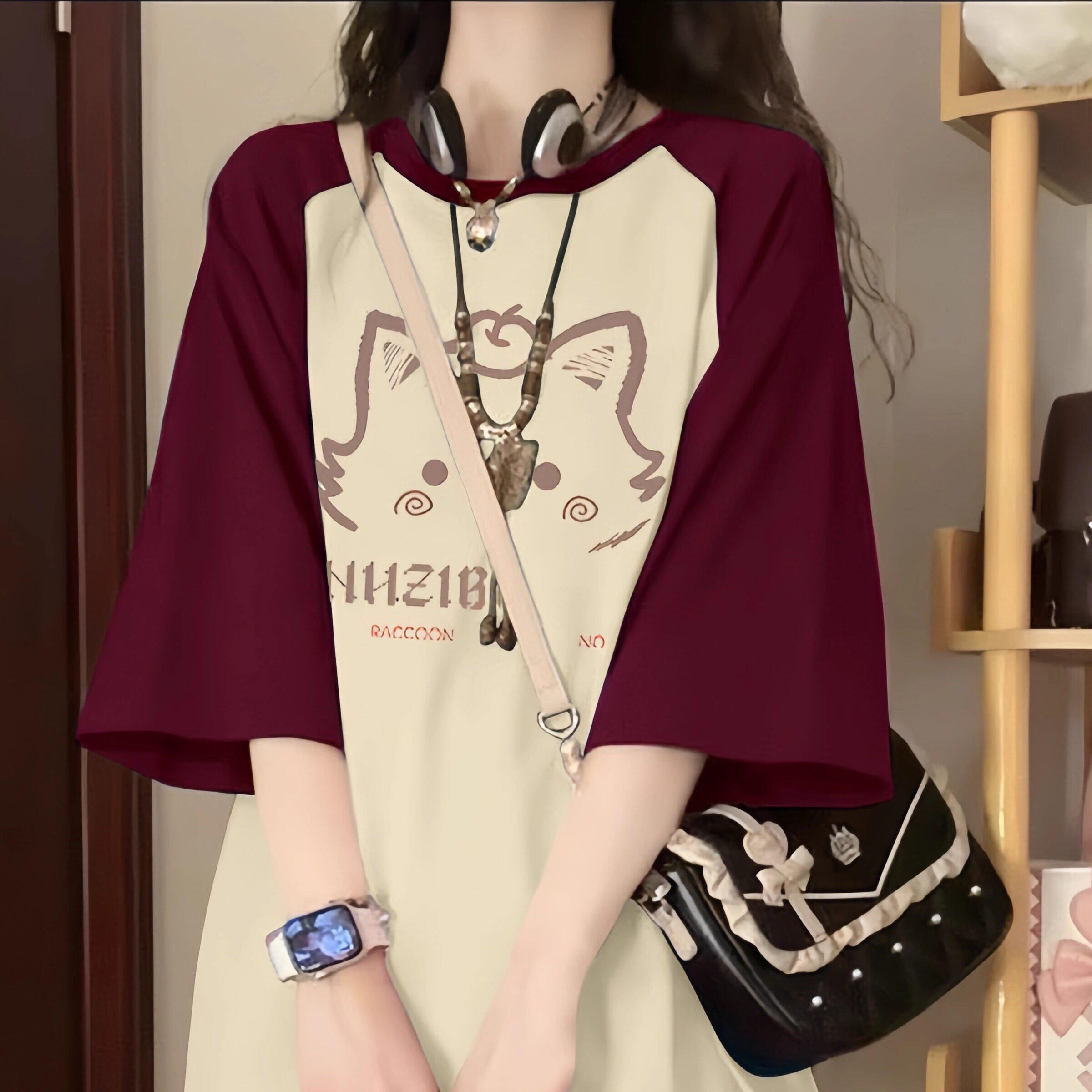 美式复古插肩短袖t恤女大童夏季装2026初中高中学生宽松半袖上衣