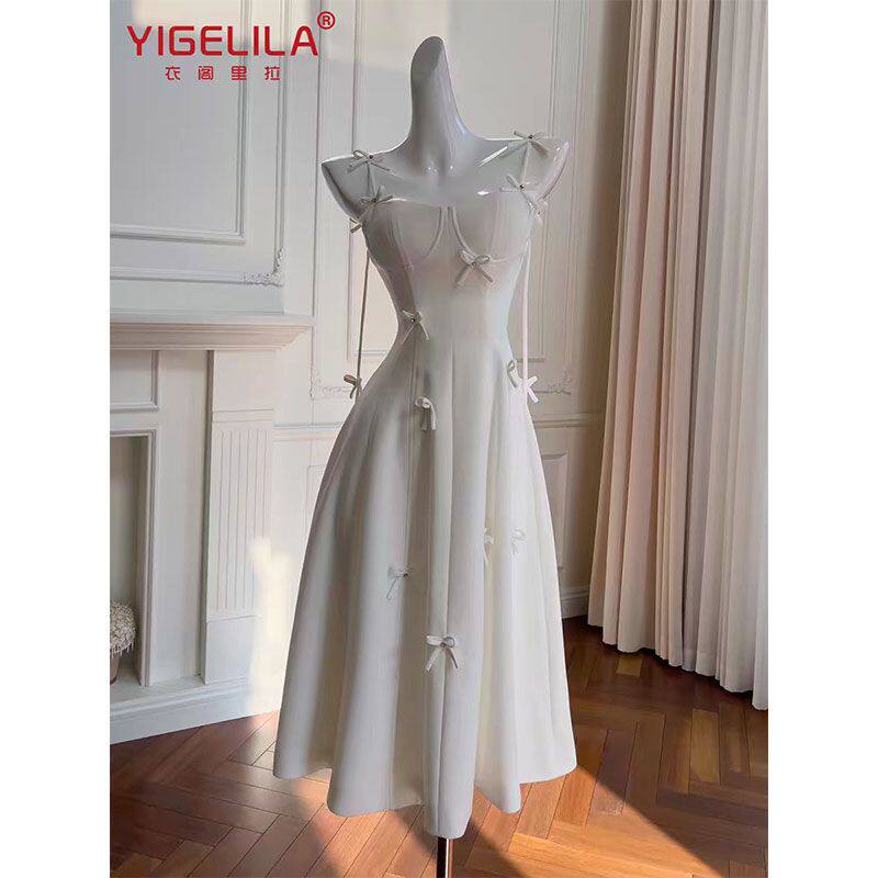 衣阁里拉法式连衣裙白月光温柔风蝴蝶结轻奢复古白色抹胸长裙