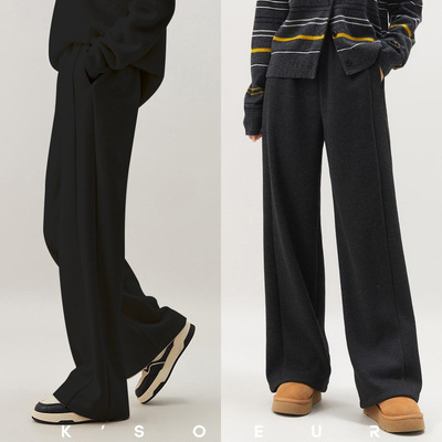 直筒裤女秋冬季2025高腰休闲垂感加绒直筒裤毛呢裤显瘦显高阔腿裤