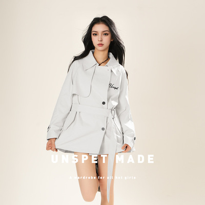 UNSPET十三行秋冬新款翻领长袖绑带通勤百搭保暖风衣短外套83265