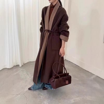 秋冬新款复古韩版宽松系带收腰显瘦毛呢外套羊毛大衣女双面羊绒