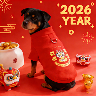 罗威纳狗狗2026新年衣服红色喜庆大狗冬装防脏漂亮宠物可牵引加厚