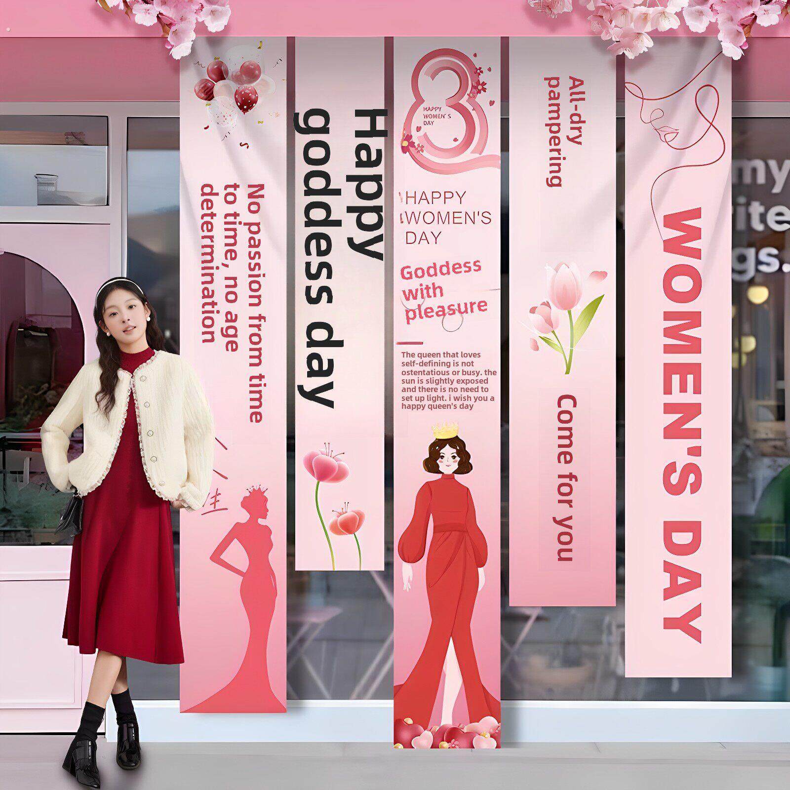 三八妇女节现场氛围布置挂布商场门、店、窗公司装修横幅