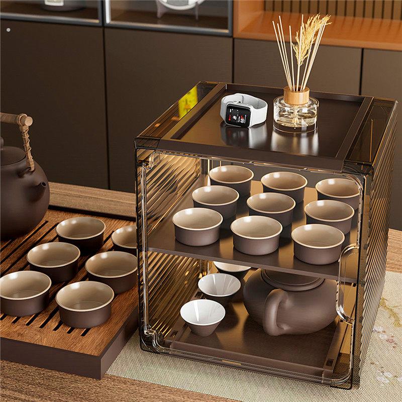 桌面盖碗功夫茶杯架紫砂壶茶具收纳盒茶壶带盖子防尘杯子置物架神