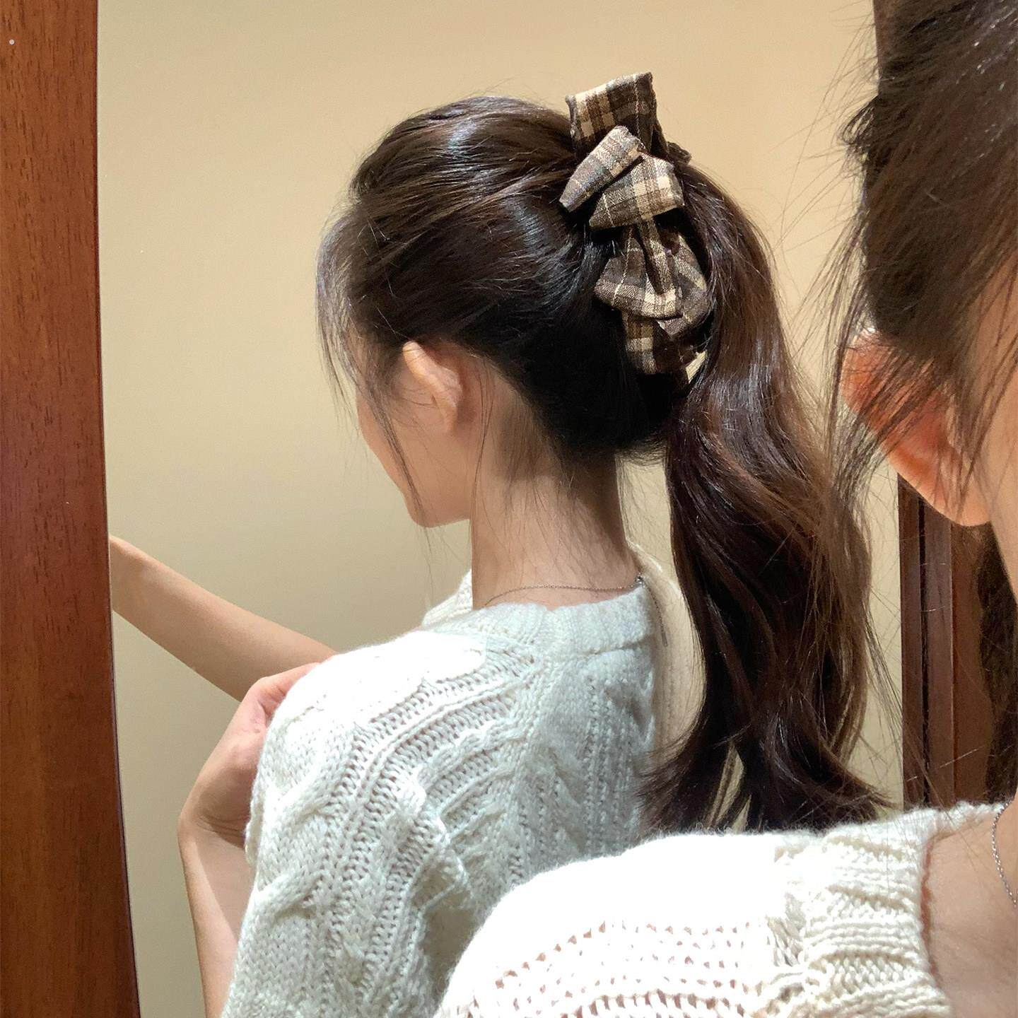 英伦少女 咖色格纹蝴蝶结香蕉夹竖夹后脑勺显发量马尾发夹女发饰