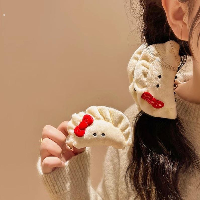 可爱毛绒抓夹腮红蝴蝶结饺子发夹女侧边刘海夹过年秋冬头饰发卡