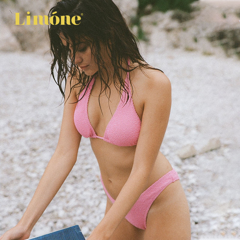 【限时6折】Limone设计感三角杯性感分体泳衣粉色比基尼度假泳装
