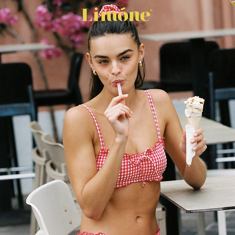 Limone分体泳衣红色比基尼度假风图片