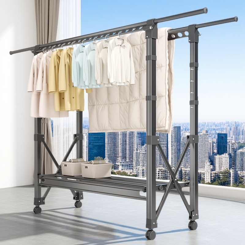 晾衣架落地折叠室内双杆式伸缩凉衣杆晒被子架家用移动阳台晒衣架