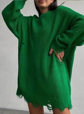 欧美女秋冬圆领不规则破洞毛衣针织连衣裙 sweater knitted dress