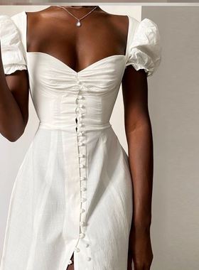 Elegant white dress白色方领泡泡公主袖法式收腰气质优雅连衣裙