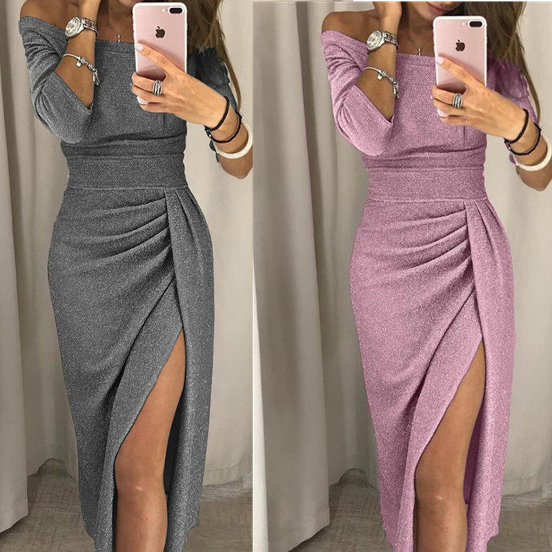 Female Split Evening Gown Women Boat Neck Sexy Dinner Dress