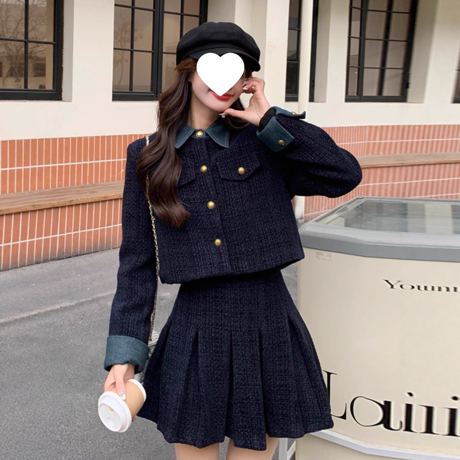 小香风加厚加棉时尚套装女2025冬季新款毛呢外套+百褶裙两件套潮