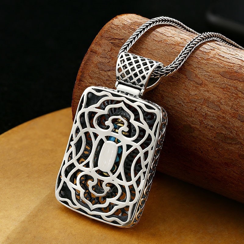 适用泰莉复古万佛朝宗绿松石转动珠泰银吊坠饕餮国潮个性男a1934