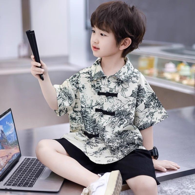 国潮男童汉服套装小孩短袖两件套