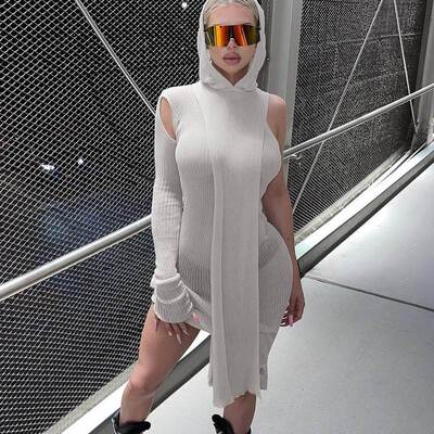 See-through one shoulder party dress透视不规则单肩长袖连帽裙