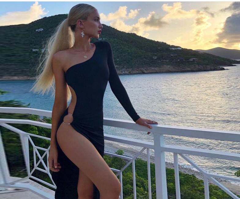 欧美风性感镂空单袖抹胸长袖不规则连衣裙开衩晚礼服中长裙两穿潮