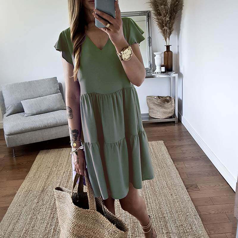 women summer dress 欧美夏宽松v领简约飞飞袖短袖连衣裙a字裙子