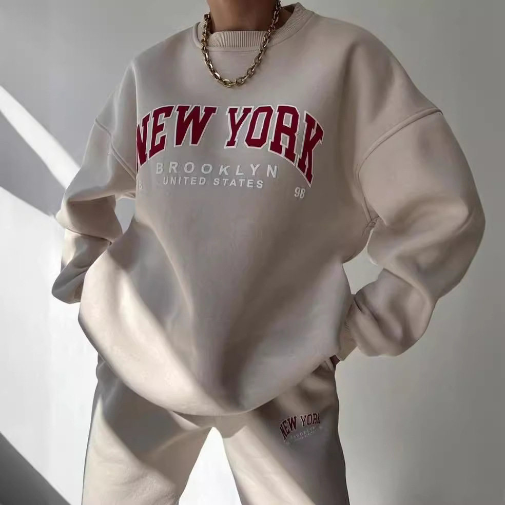 women clothes跨境欧美女装休闲时尚印花加厚套装加绒卫衣长袖裤