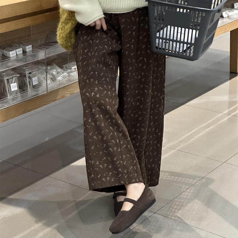 美拉德小个子碎花棕色裤子大码女装九分灯芯绒秋冬今年流行梧桐裤