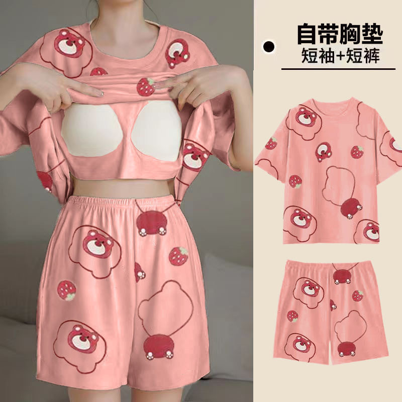 pld清纯棉带胸垫睡衣女夏季短袖短裤韩版卡通可爱甜美家居服