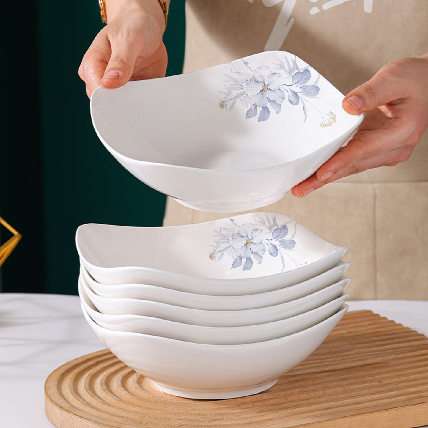 盘子菜盘家用四角盘子简约陶瓷加厚防烫翘脚碗凉菜汤碗汤盘沙拉碗