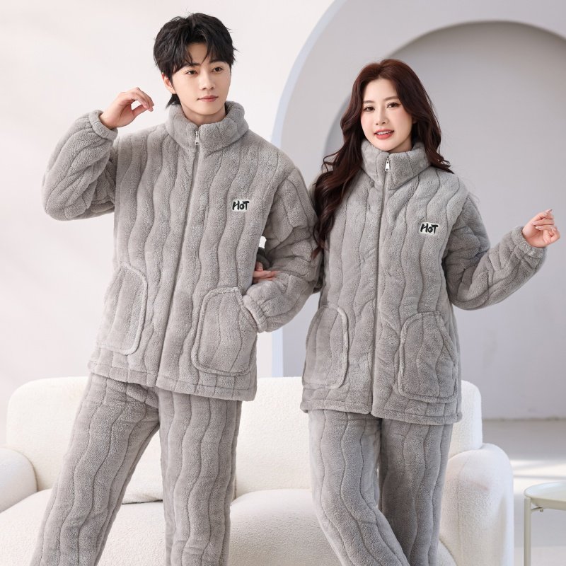 秋冬季拉链款睡衣加绒夹棉珊瑚绒家居服大码加厚情侣套装男女同款