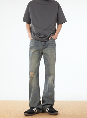 URS GGON美式复古水洗复古高街破洞cleanfit微喇叭牛仔裤男女春夏