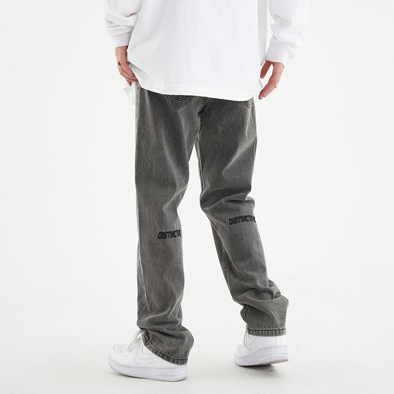 URSGGON烟灰色牛仔裤女高街潮牌水洗复古刺绣直筒显瘦长裤男春夏